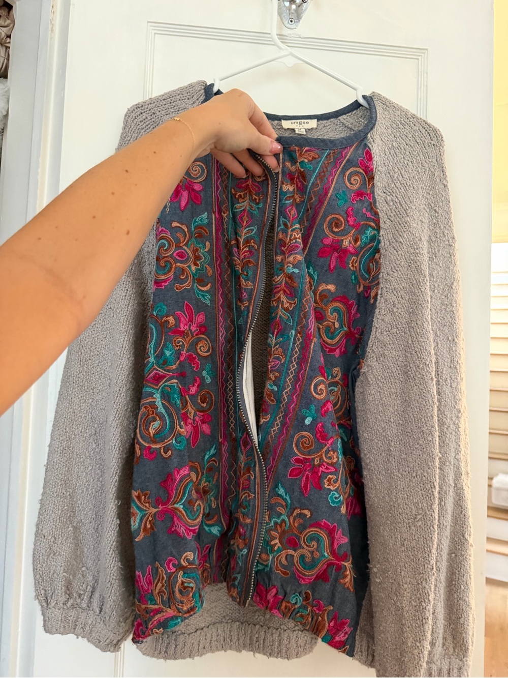 Umgee Gray Cardigan Sweater with Teal and Pink Floral Embroidery